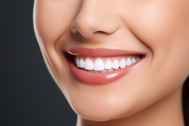 Dentes saudáveis perfeitos sorriso de uma jovem mulher branqueamento dos dentes conceito de cuidados dentários estomatologia