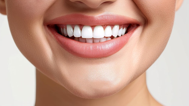 Dentes saudáveis perfeitos sorriso de uma mulher isolado em um fundo branco