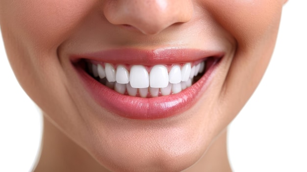 Dentes saudáveis perfeitos sorriso de uma mulher isolado em um fundo branco
