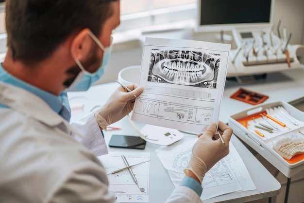 Foto dentista a analisar os exames dentários dos doentes