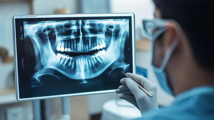 El dentista analiza una película holográfica de rayos X de un diente IA generativa