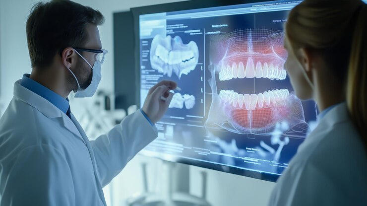 El dentista analiza una película holográfica de rayos X de un diente IA generativa