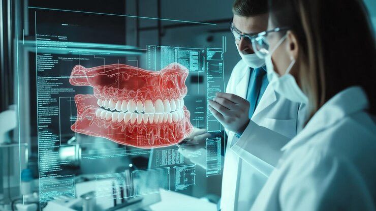 El dentista analiza una película holográfica de rayos X de un diente IA generativa