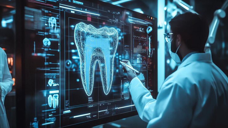 El dentista analiza una película holográfica de rayos X de un diente IA generativa