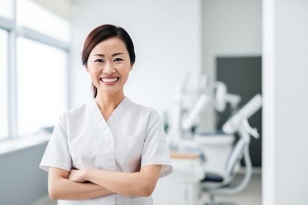 Dentista asiática sonriendo mientras está de pie en la clínica dental