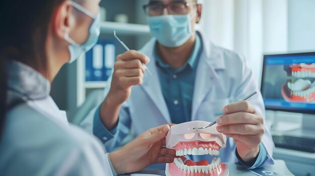 Un dentista y un asistente dental están examinando los dientes de un paciente