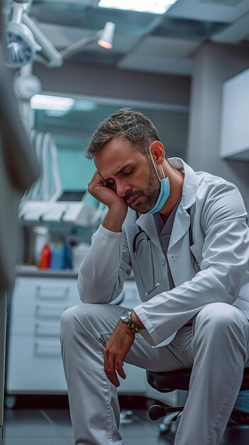 Un dentista cansado está esperando a un paciente en su oficina mientras está sentado en un taburete y descansando