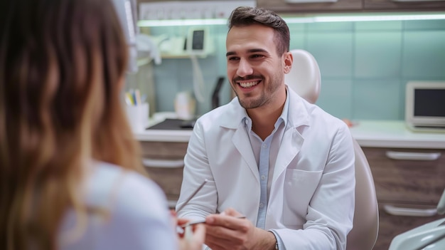 Foto el dentista consulta al paciente sobre el cuidado bucal y dental en el consultorio dental