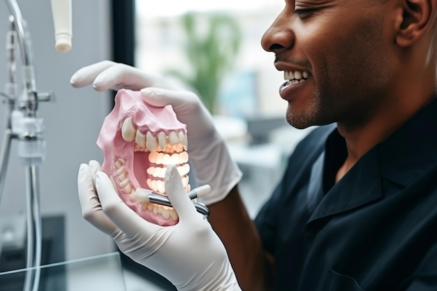 Dentista demonstrando tecnologia de implante dentário Ai generativa
