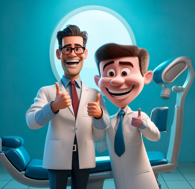 dentista de dibujos animados sonriendo y dando pulgares hacia arriba