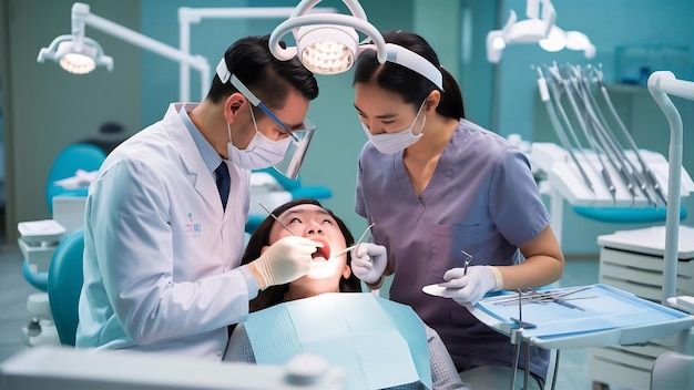 Dentista e enfermeiro examinando dentes de pacientes asiáticos na clínica