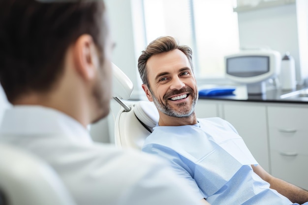 Dentista e paciente no consultório do dentista Clínica dentária amigável Doutor Paciente feliz Fonte desfocada Sorriso dentado Ilustração de IA generativa