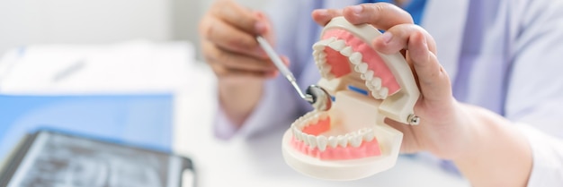 Dentista em clínica dentária Dente saudável branco com modelo dental em cirurgiões bucais discutindo raio-x da mandíbula em comprimidos medicina cuidados de saúde conceito de cirurgia bucal