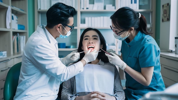 Dentista y enfermera examinando los dientes de pacientes asiáticos en la clínica
