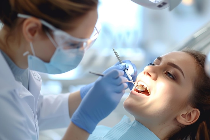 Foto una dentista está poniendo una pasta de dientes en su boca