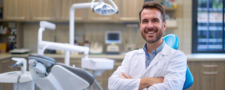El dentista está sonriendo con los brazos cruzados en su oficina.