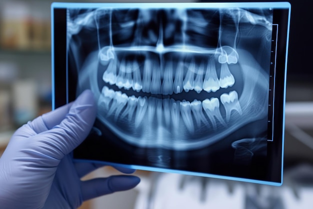 En el dentista estomatólogo examina las radiografías de los dientes de los pacientes una mandíbula ai generativa