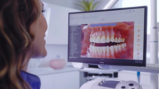 El dentista examina los dientes de un paciente en una pantalla de computadora