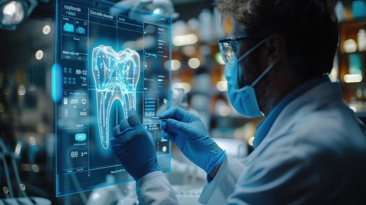 El dentista examina el modelo digital del diente