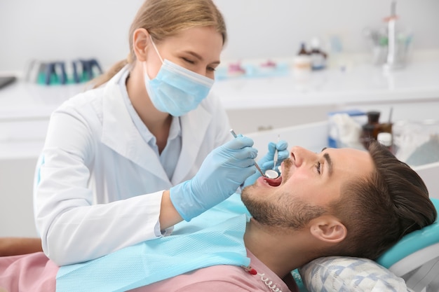 Dentista examinando los dientes del paciente en la clínica