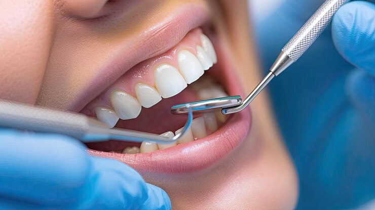 Dentista examinando los dientes de un paciente con un espejo dental y una sonda en una clínica dental moderna