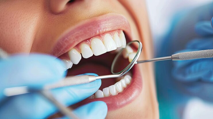 Dentista examinando los dientes de un paciente con un espejo dental y una sonda en una clínica dental moderna