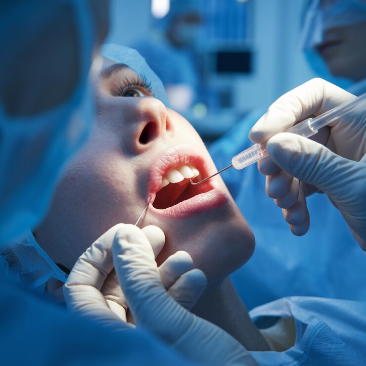 una dentista examinando los dientes de un paciente en un uniforme azul