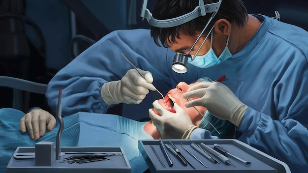 Dentista examinando los dientes de un paciente