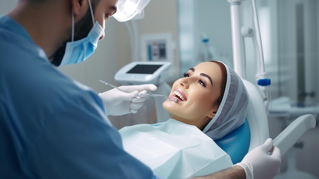 Dentista examinando os dentes com instrumentos médicos retrato de mulher