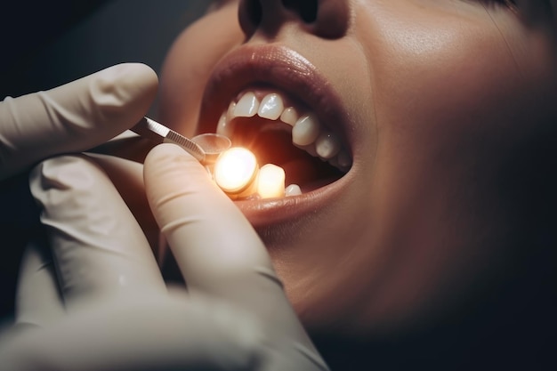 Dentista examinando os dentes de uma jovem na clínica odontológica Conceito de odontologia Um dentista removendo um dente ruim da boca de um paciente IA gerada