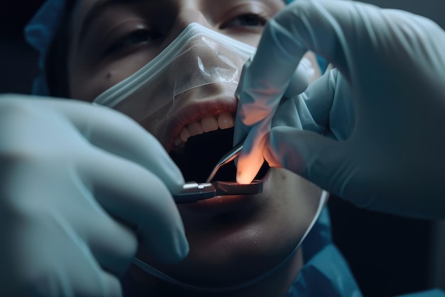 Dentista examinando os dentes do paciente com ferramentas odontológicas Conceito de odontologia Um dentista removendo um dente ruim da boca do paciente Gerado por IA