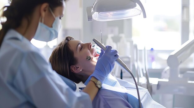 Foto un dentista está examinando a un paciente de gigi en una clínica de gigi