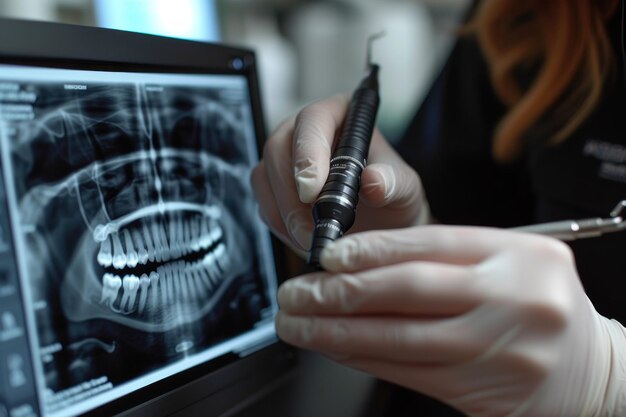 Dentista examinando radiografías con equipos modernos en una clínica dental bien iluminada