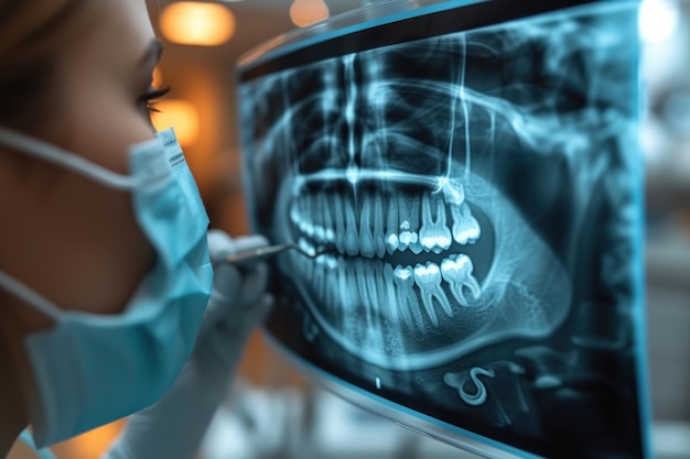 Foto dentista examinando radiografías con equipos modernos en una clínica dental bien iluminada