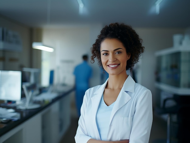 Dentista femenina profesional de pie en la clínica