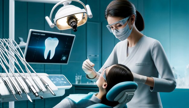 dentista femenina realizando un procedimiento dental en un paciente en una clínica moderna