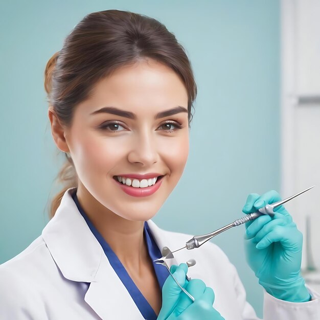 Dentista feminina com ferramentas dentárias isoladas