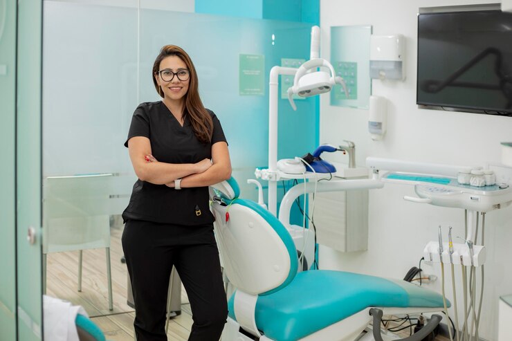 Dentista feminina com os braços cruzados olhando para a câmera de pé em seu consultório médico