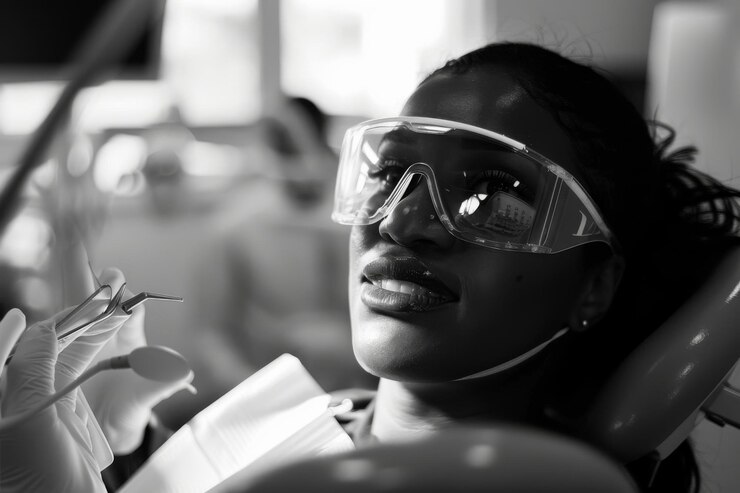 Una dentista con gafas de protección y una máscara quirúrgica realiza un procedimiento dental con las herramientas en la mano y se centra en sus ojos