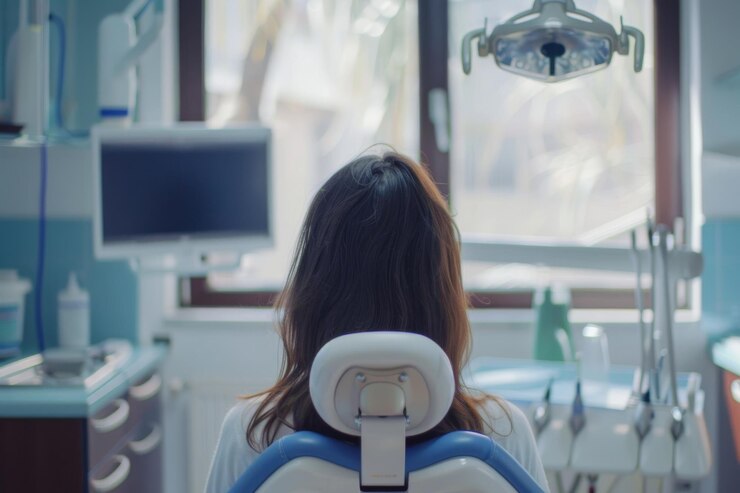 Una dentista con gafas de protección y una máscara quirúrgica realiza un procedimiento dental con las herramientas en la mano y se centra en sus ojos