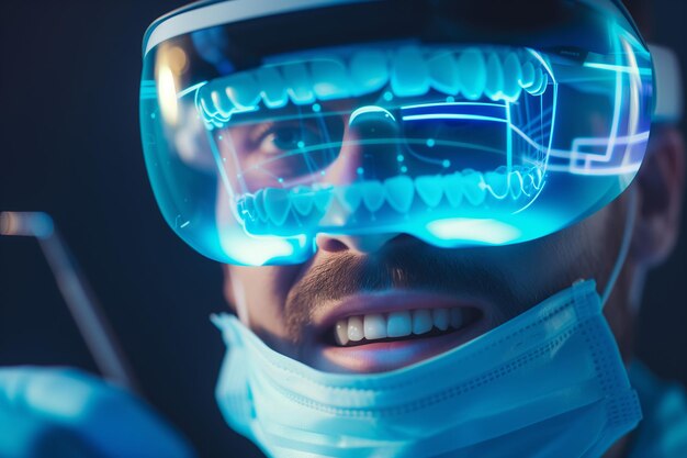 Foto dentista con gafas de realidad aumentada examen dental de alta tecnología