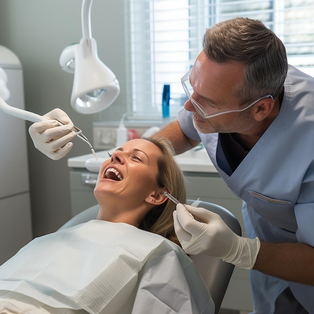 Dentista haciendo limpieza dental profesional con la paciente joven de algodón