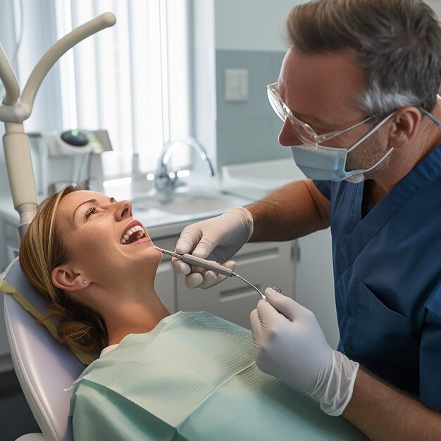 Dentista haciendo limpieza dental profesional con la paciente joven de algodón