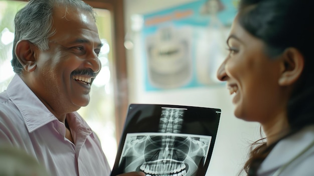 Foto dentista indiano segurando raio-x de mulheres