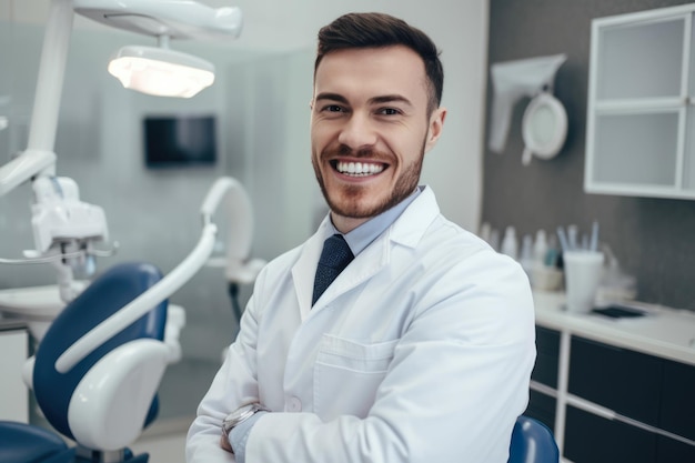 Dentista masculino confiante em um jaleco branco com ferramentas dentárias na mão em frente a um dentista