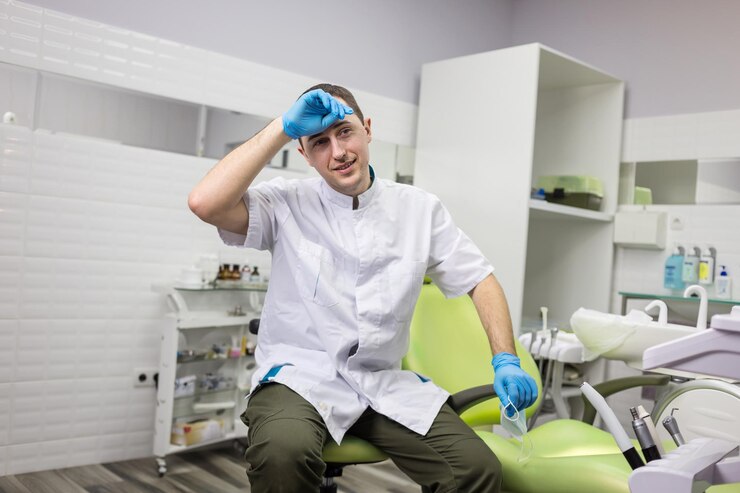 Dentista masculino em pé sobre fundo de consultório médico Estomatologia de profissão de saúde e conceito de medicina