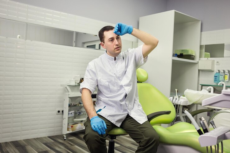Dentista masculino em pé sobre fundo de consultório médico Estomatologia de profissão de saúde e conceito de medicina