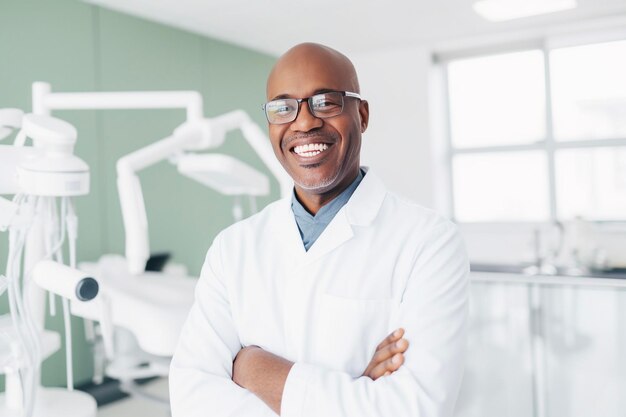 Dentista masculino de mediana edad sonriendo mientras está de pie en la clínica dental