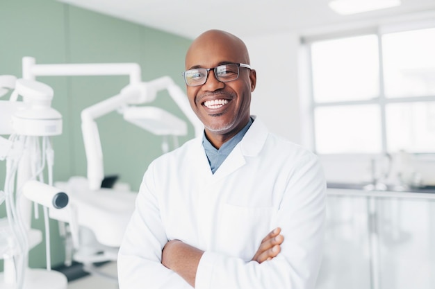 Foto dentista masculino de mediana edad sonriendo mientras está de pie en la clínica dental