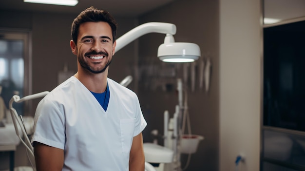 Dentista masculino sonriente en el consultorio dental retrato de un joven odontólogo seguro de sí mismo en su consultorio